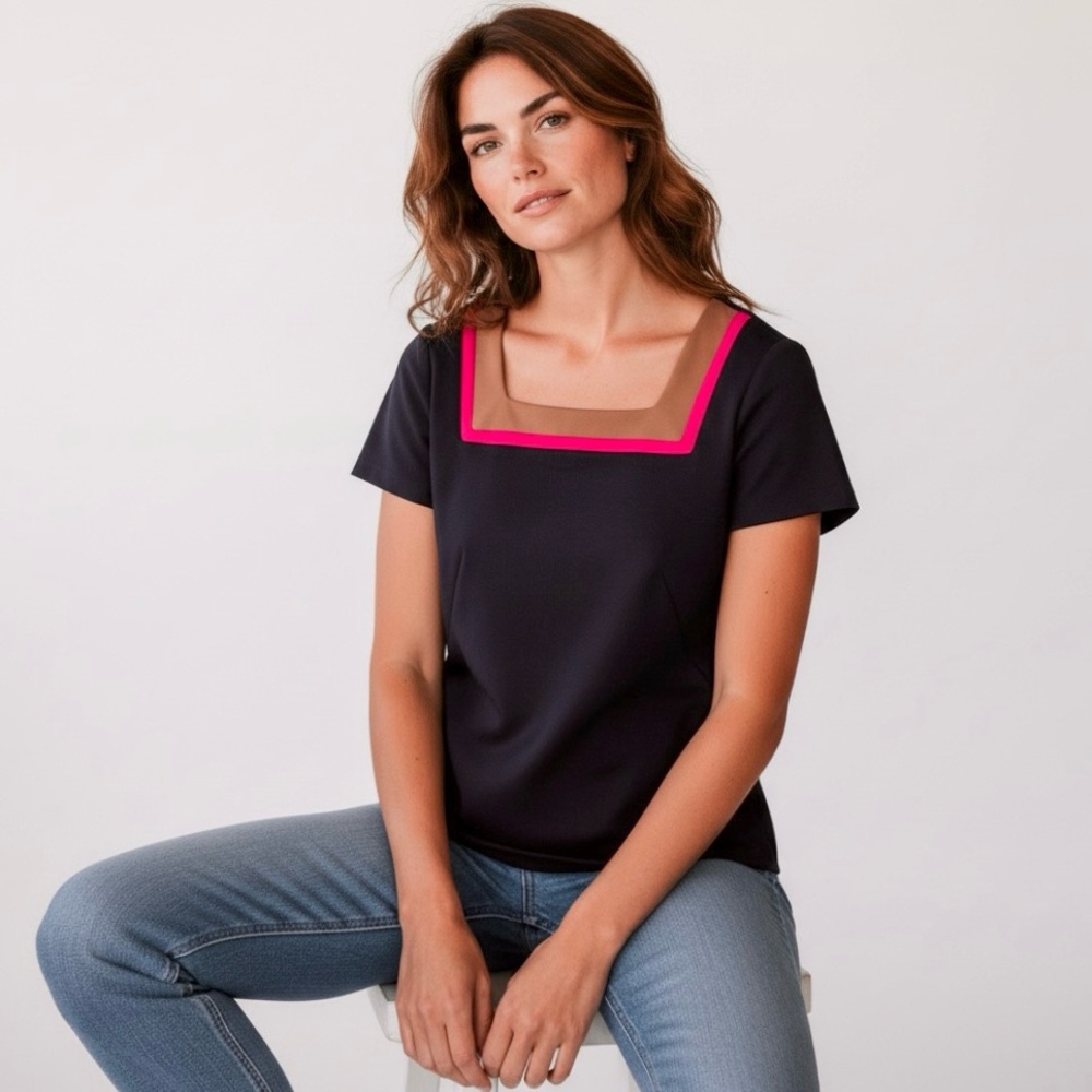 LOFT Ann Taylor Color Block Blouse Square Neck Zipper Back Short Sleeve